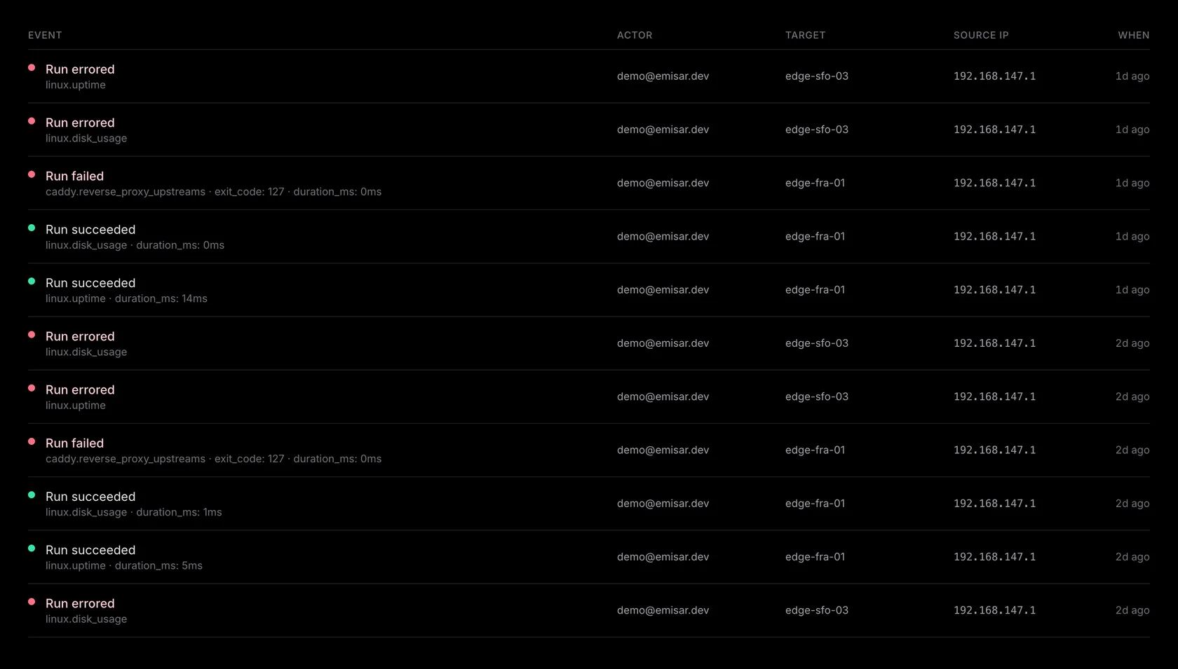 The cloud audit timeline in the emisar console: a filterable, append-only stream of every action — the actor, the action and runner, the policy decision, the outcome, and the request id — the searchable system of record you stream to your SIEM.