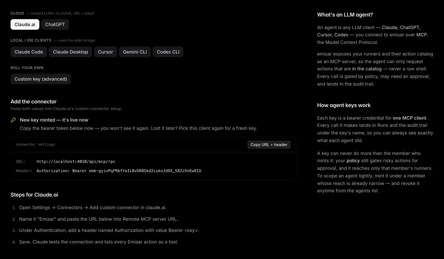 The Connect-an-agent client picker: cloud clients (Claude.ai, ChatGPT Apps) and local/IDE clients (Claude Code, Claude Desktop, Cursor, Gemini CLI, Codex CLI). Cloud setup shows the OAuth MCP server URL; local setup mints a bearer key and shows per-client setup steps.